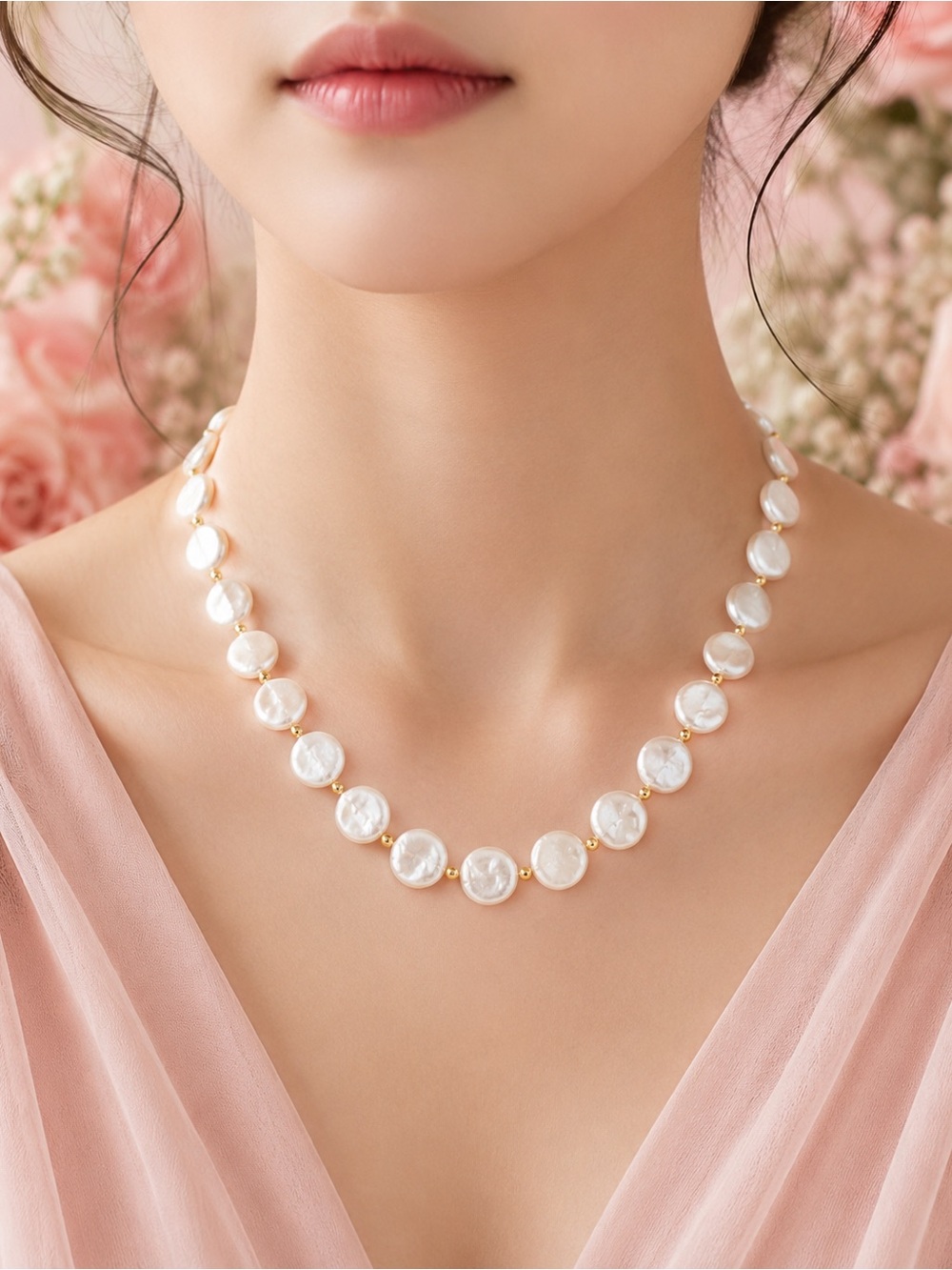 Elegant White Pearl Disc Necklace - Picture 4 of 5